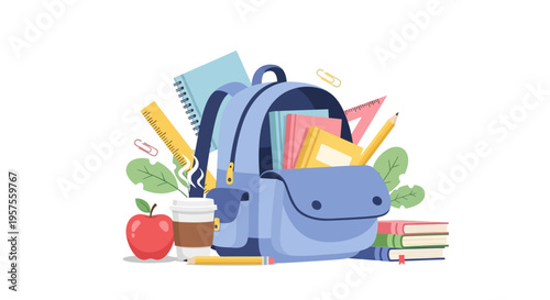 A blue backpack overflows with colorful books, pencils, and a notebook next to a red apple and coffee cup on a table.