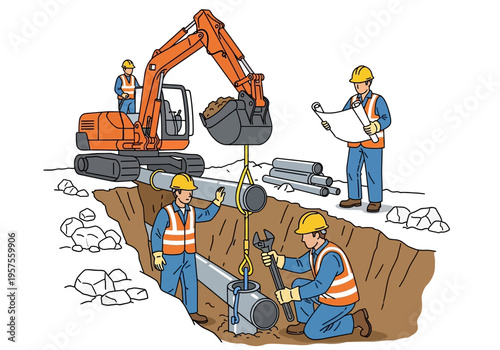 Construction workers installing pipes in a deep trench with an excavator