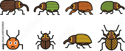 Cartoon Beetle and Bug Collection Set with Colorful Insects in Different Styles Flat Vector Illustration Isolated on White Background for Kids Design