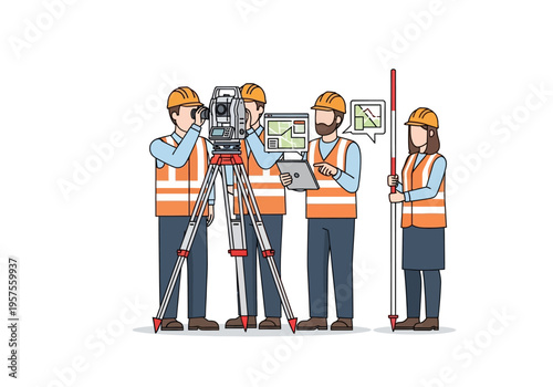 Four workers with safety gear operate surveying equipment outdoors standing.