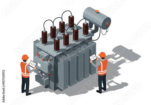 Two workers inspect a large industrial transformer with equipment outdoors