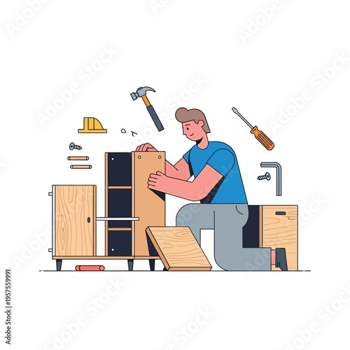 Man assembling flat pack furniture with tools