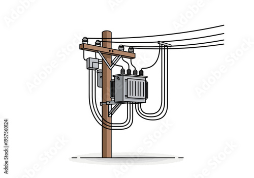 An electrical transformer is mounted on a utility pole with wires.