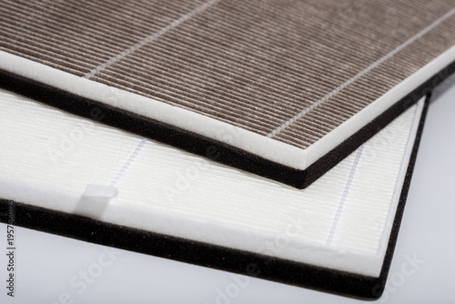 Schilderij op canvas Macro view of pleated HEPA and carbon air filters with foam gaskets for HVAC sys