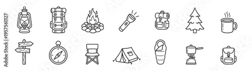 black line camping equipment icons set with lantern backpack campfire flashlight tree hot drink direction compass camp chair tent sleeping bag stove isolated on transparent background