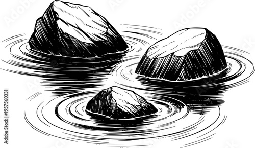 Rough black ink stones partially submerged in rippling water creating concentric circles
