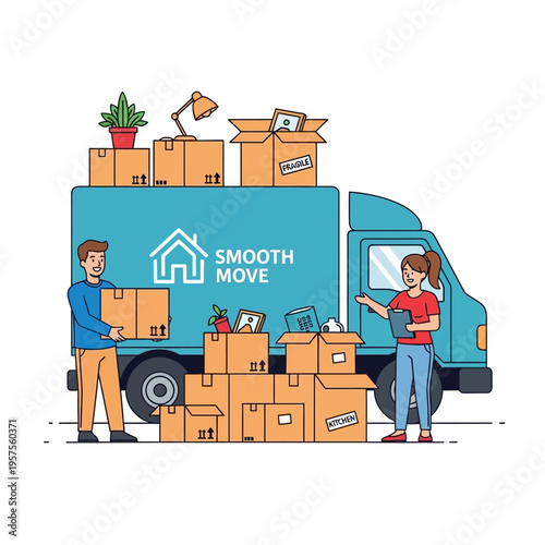 Moving Company Truck with People Loading Boxes, Smooth Move Service