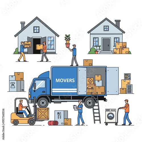 Moving house with truck, forklift, and workers loading boxes and appliances