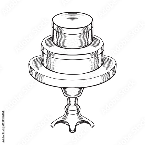 Hand drawn minimalist vintage sketch of a three-tier cake on an elegant pedestal stand. This clean engraving-style illustration features classic hatching and is perfect for bakery branding and wedding