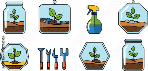 Flat Gardening and Terrarium Icon Set Featuring Plant Glass Containers Spray Bottle Soil Tools and Growth Elements for Home Garden Design