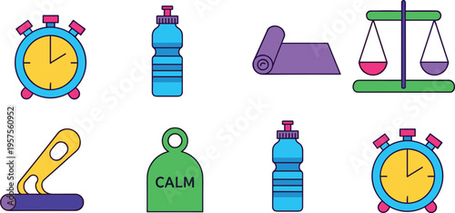 Flat Fitness and Wellness Icon Set Featuring Stopwatch Water Bottle Yoga Mat Balance Scale Weight and Exercise Equipment for Healthy Lifestyle Design