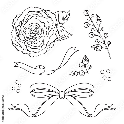Collection of hand drawn outline illustrations including a detailed rose flower, leaves, berry branches, a large bow with long ends, and a flowing ribbon scroll. Perfect for wedding, birthday, or