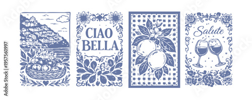 Italian style posters with Italian coast aesthetics. Decorative compositions with lemons and classic lettering in Mediterranean mood. Banner decor for kitchens, cafes in vector 