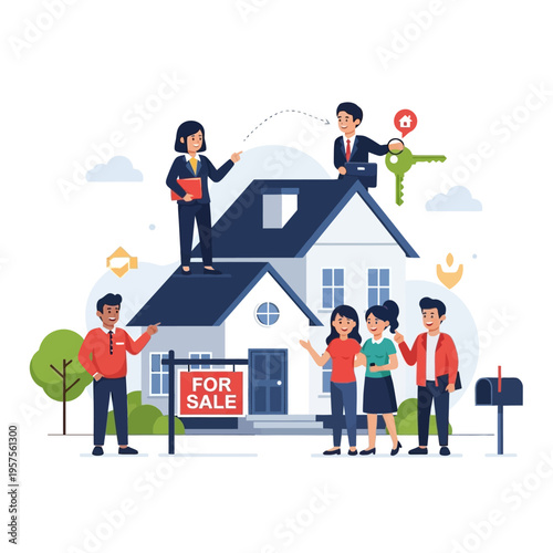 Real Estate Agents Assisting Family Buy House, For Sale Sign and Keys