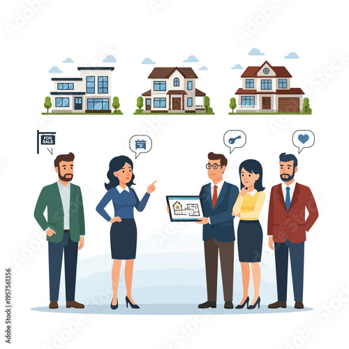 Real Estate Agents Presenting House Options to Clients, Property Selection