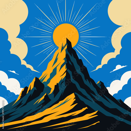 A vibrant illustration of a mountain peak with the sun shining brightly in the background