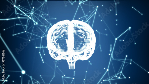 Front view digital brain with luminous neural connections on dark blue background, artificial intelligence concept