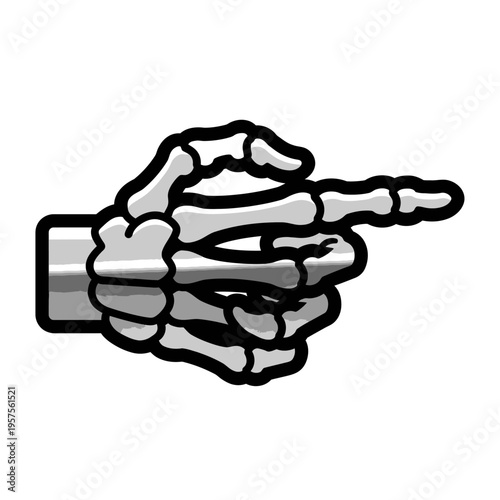 Skeleton hand pointing right, isolated on white background, cartoon style