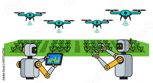 Agricultural robots and drones monitoring crops in smart farming field.
