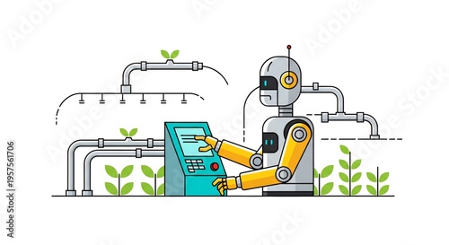 Robot managing automated greenhouse system with plants and sensors.