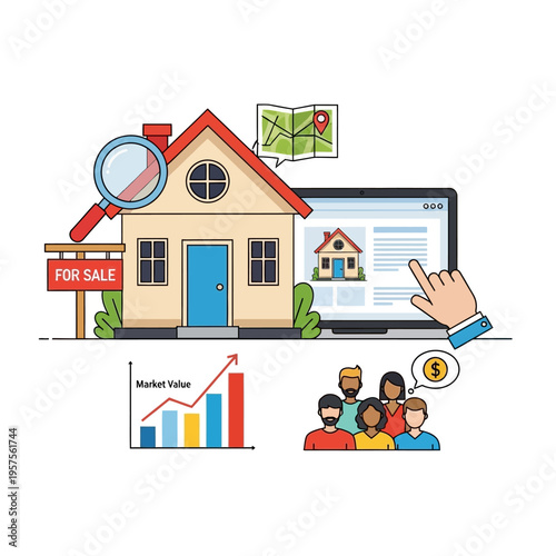 Real Estate Search: House, Laptop, Map, Graph, For Sale Sign, People
