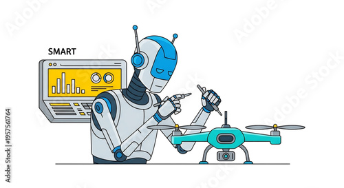 Drone controlled by robot with digital interface and analytics screen.
