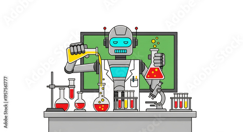 Robot working in laboratory performing chemical experiments with flasks and tubes.