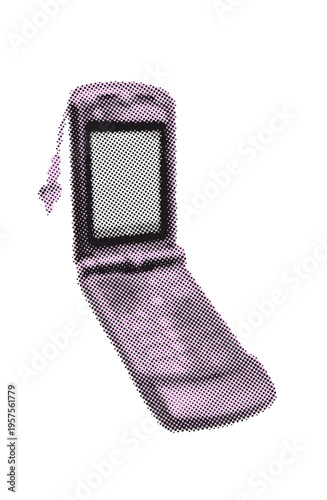 Pastel pink Y2K flip phone with cute charm. Retro 2000s mobile cellphone device illustration in halftone collage style. Vintage pop art vector element for aesthetic nostalgic poster or fashion print.