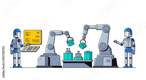 Multiple robotic arms assembling products in industrial production line.
