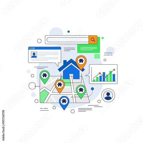 Real Estate Search Map with Pins and Analytics - House Finding Concept