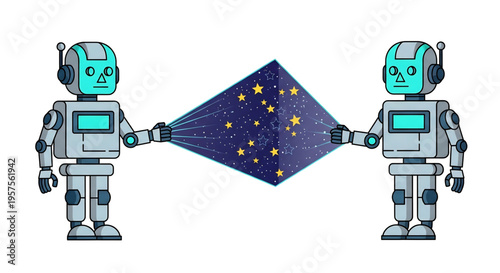 Two robots exchanging data using digital holographic interface.