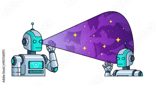 Robot projecting cosmic scene with stars and galaxy visualization.