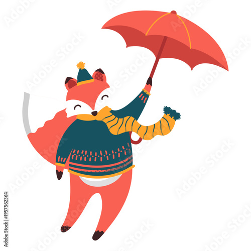 Fox umbrella autumn illustration