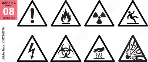 Industrial Hazard Warning Triangle Safety Sign Icon Set with Fire Radiation Electric and Biohazard Symbols, vector, illustration