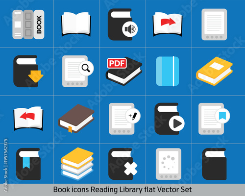 Book Icons Set, Ebook, PDF, Reading, Library and Digital Document Flat Vector Collection