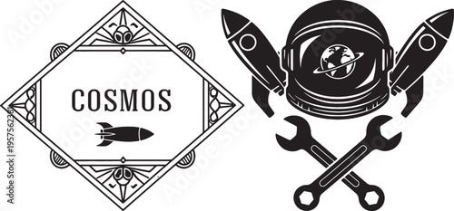 black and white graphic illustrations of cosmos and space tools