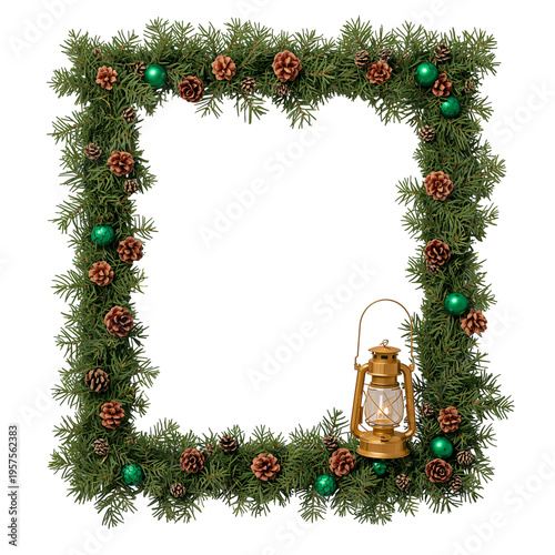 Decorative Frame With Pine Cones and Lantern for Holiday Celebrations in Wint...