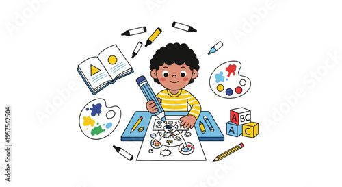 Young boy drawing and painting with art supplies, creative childhood activity