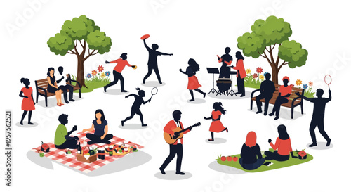 Diverse people enjoying outdoor activities in a park, including picnics, music, and games.