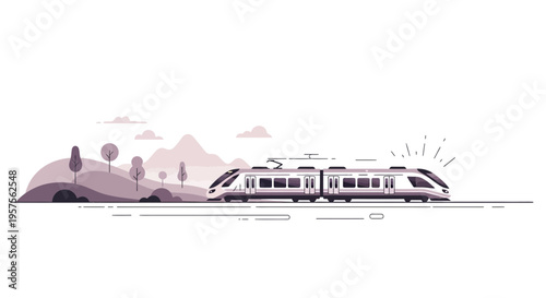 Modern high-speed train traveling through a scenic landscape with rolling hills and trees.