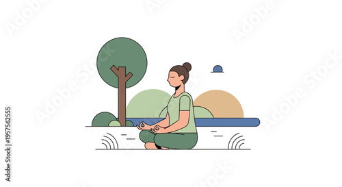 Woman meditating peacefully in nature, practicing yoga outdoors in a park with trees and abstract shapes.