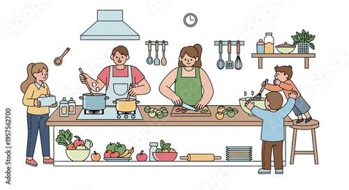 Family Cooking Together in Kitchen, Parents and Kids Preparing Meal, Healthy Food