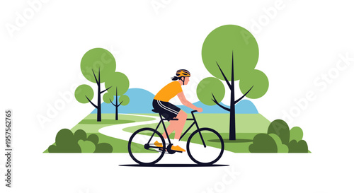 Person cycling on a winding path through a green park with trees and hills