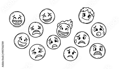 Doodle emoji faces hand drawn emoticon collection expressive mood icons vector isolated on white background
