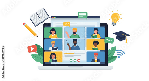 Online Education: Diverse students in video conference call, e-learning, digital classroom