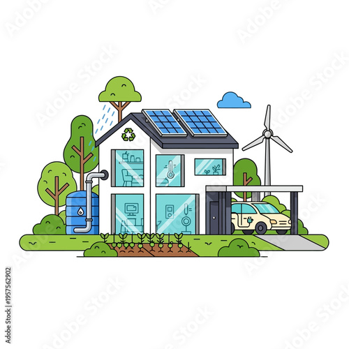Eco-friendly modern house with solar panels, wind turbine, and electric car