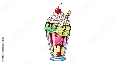 Delicious Ice Cream Sundae with Whipped Cream, Cherry, and Chocolate Syrup