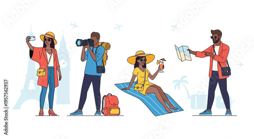 Diverse travelers enjoying vacation, sightseeing, photography, and relaxation