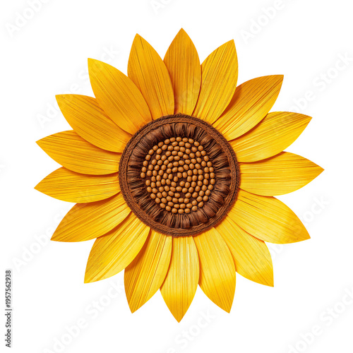 Bright Sunflower With Yellow Petals and Dark Center on a White Background