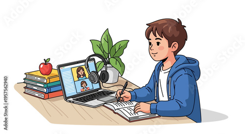Boy learning online with laptop, video call with classmates, books and headphones on desk
